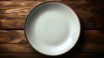 top down view A empty plate on a wooden table AI Generated photo
