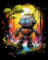 A Colorful Action funny Robot walking on a street in the woods Generative AI photo