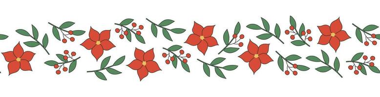 Seamless border with poinsettia flowers and branches on white background. Good for fabric, wallpaper, packaging, textile, web design. vector