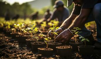 People planting small plants in the field. AI generated photo