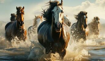 Horses galloping in splashing water. AI generated photo