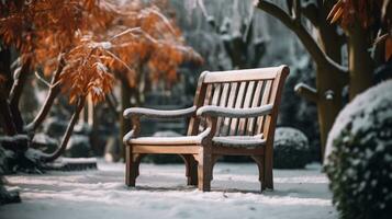 de madera silla en el invierno jardín ai generado foto