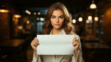 Businesswoman holding a blank sign AI Generated photo