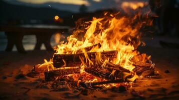 Flaming campfire burns AI Generated photo