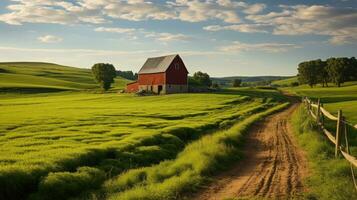 Green fields rural barns AI Generated photo