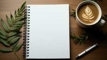 Blank white notebook and cup of coffee AI Generated photo