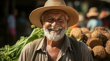 granjero sonrisa en granja ai generado foto