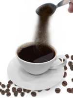 Hand pours instant coffee from a spoon in a coffee, transparent background png