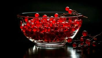 Glass bowl with vibrant red currants on dark background. AI Generative photo