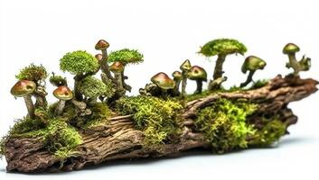 Tree branch covered with green moss isolated in background. AI Generative photo