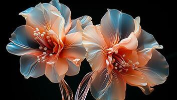 Illustration of glowing light orange transparent flowers. AI Generative photo