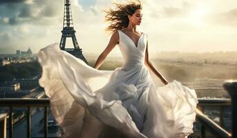 Woman with beautiful long silk dress fluttering in the wind. AI generated photo