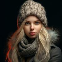 Girl dressed warmly in a woolen hat and scarf. Winter time. AI generated photo