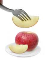 Apple fruit on dish and fork, transparent background png