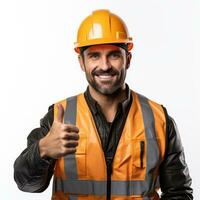 Construction worker showing thumb up Isolated on white background AI Generated photo