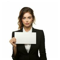 Businesswoman holding a blank sign Isolated on white background AI Generated photo