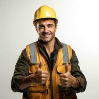 Construction worker showing thumb up Isolated on white background AI Generated photo