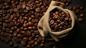 Coffee beans in a sack background AI Generated photo