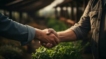 cerca arriba granjero sacudir mano juntos ai generado foto