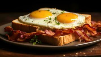 Toasted bread with bacon and fried egg AI Generated photo