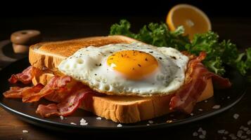 Bacon and fried egg on a toasted bread AI Generated photo