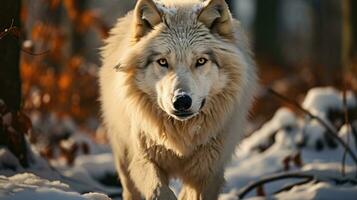 ártico lobo caminando en nieve ai generado foto