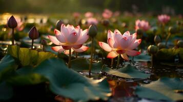 rosado loto florecer en el agua ai generado foto