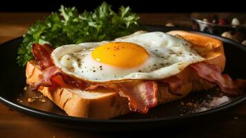 Bacon and fried egg on a toasted bread AI Generated photo