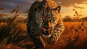 Closeup of a big leopard in the savannah. AI generated photo