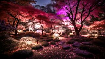 Japanese garden illustration in pink tones - Generative AI photo