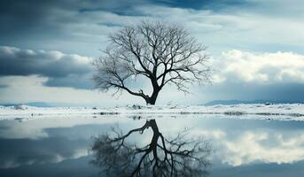 Minimalist winter landscape with a tree covered with snow. AI generated photo