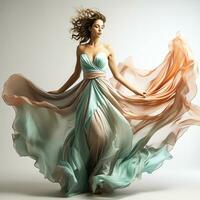 mujer con hermosa largo seda vestir revoloteando en el viento. ai generado foto
