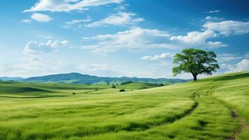 Field of green under blue sky AI Generated photo