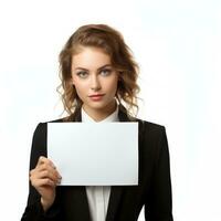 Businesswoman holding a blank sign Isolated on white background AI Generated photo