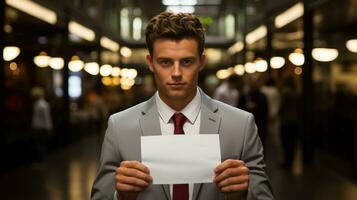 Businessman holding a blank sign AI Generated photo