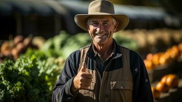 Farmer showing thumb up in Farm AI Generated photo