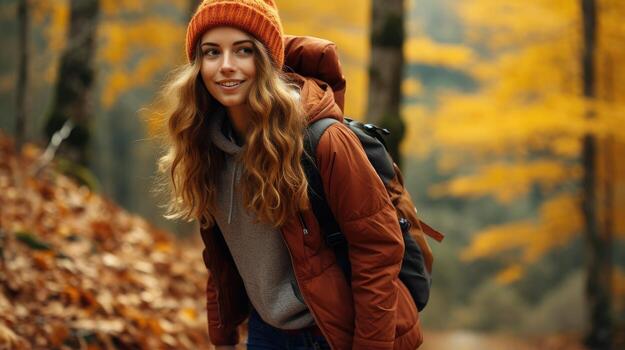 Happy young woman walking in the autumn forest AI Generated photo