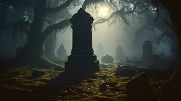 Spooky tombstone in dark forest AI Generated photo