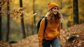 Happy young woman walking in the autumn forest AI Generated photo