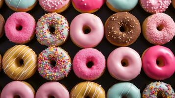 Sweet delicious donuts background AI Generated photo