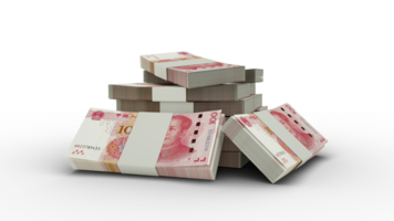 3d rendering of Stack of Chinese yuan notes. bundles of Chinese currency notes isolated on transparent background png