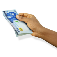 Fair hand holding 3D rendered 1000 Nigerian Naira notes isolated on transparent background png