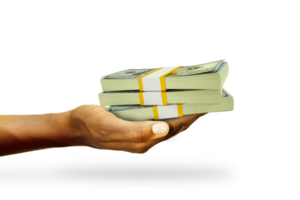 Hand Holding 3D rendering of stacks of US dollar notes isolated on transparent background png