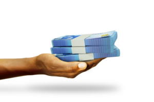 Hand Holding 3D rendering of stacks of Nigerian Naira notes isolated on transparent background png