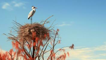 Stork on top of the nest. AI generated photo