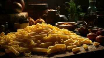 Italian pasta on wooden table AI Generated photo