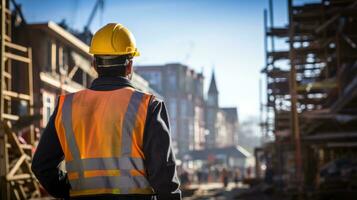 espalda de el construcción trabajador ai generado foto