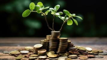 Small tree on stack coins AI Generated photo