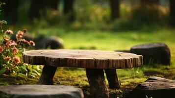 Wooden table in nature AI Generated photo