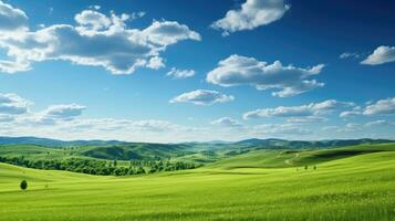 verde campo y azul cielo ai generado foto